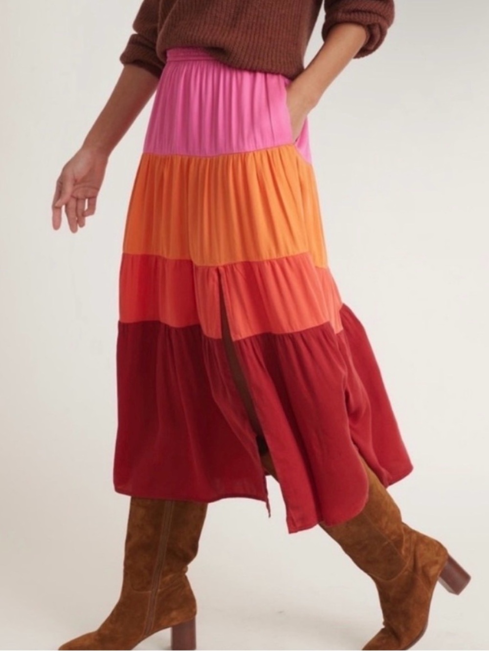 Marine layer Tiered Colorblock Midi Skirt in Pink, Orange and Red